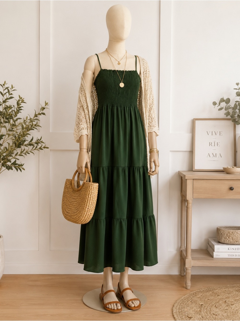 Smocked Tiered Spaghetti-Strap Maxi Dress - Dark Green